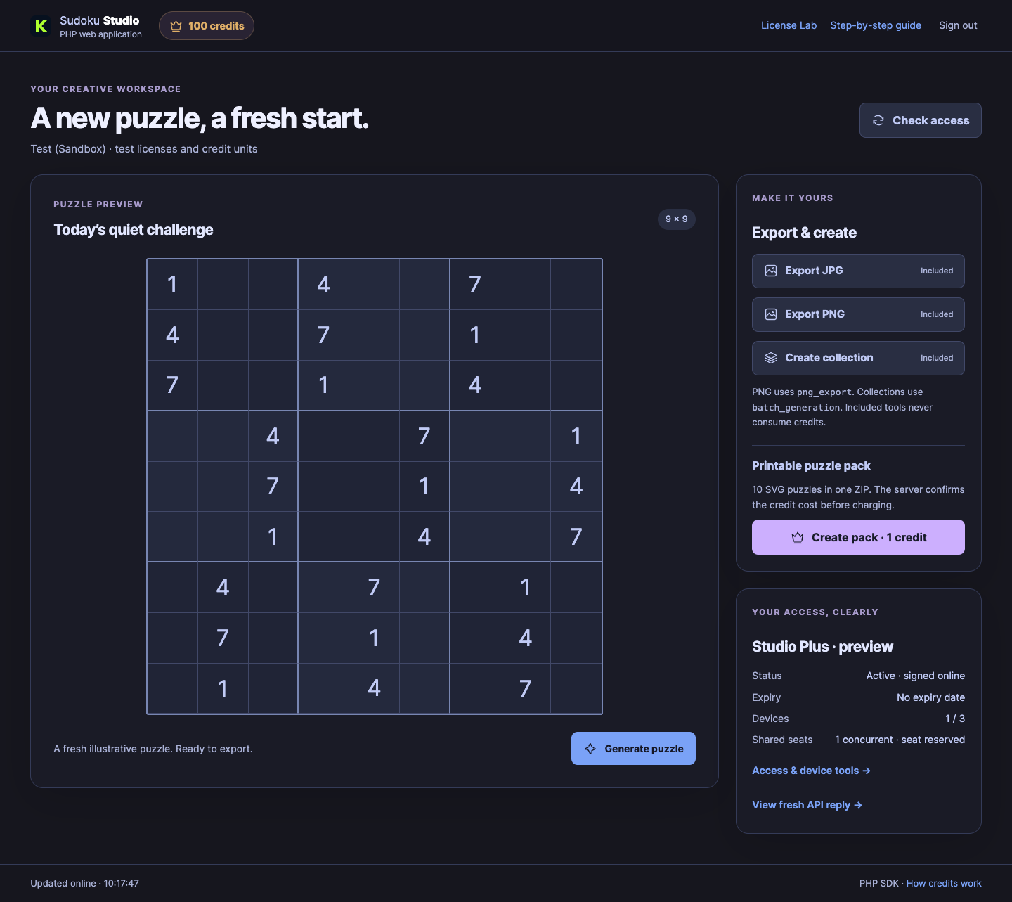 Sudoku Studio interface — illustrative preview; use your own license for real online checks.